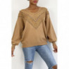 Pull camel pour femme en col V avec motif en dentelle