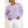 Pull lilas col rond avec de jolis volants en dentelle