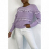 Pull lilas col rond avec de jolis volants en dentelle