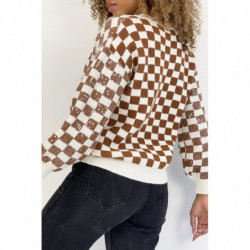 Pull col V motif damier brillant