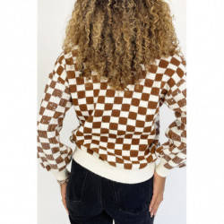 Pull col V motif damier brillant