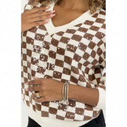 Pull col V motif damier brillant