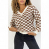 Pull col V motif damier brillant