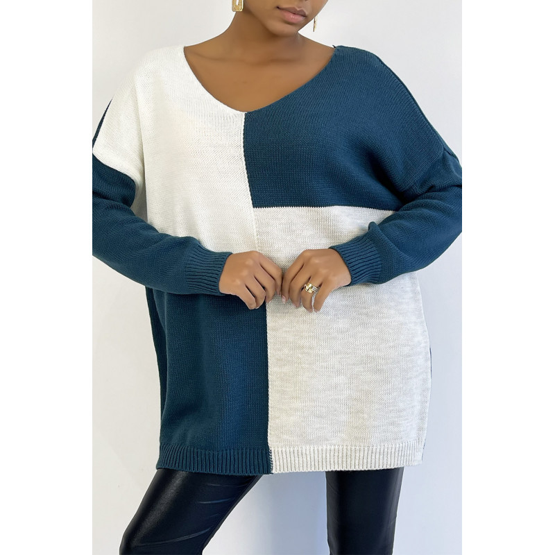 Pull col V oversize à motif asymétrique bleu canard