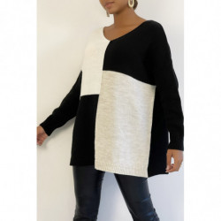 Pull col V oversize à motif asymétrique noir