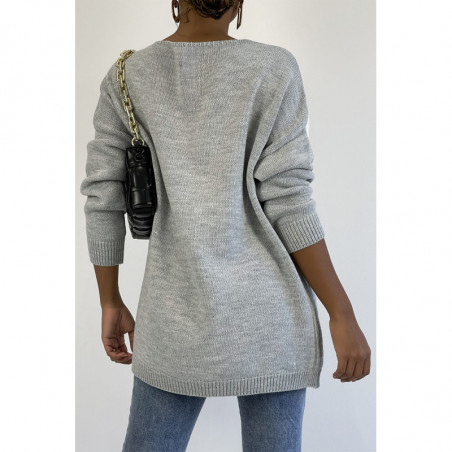 Pull col V oversize à motif asymétrique gris