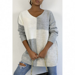 Pull col V oversize à motif asymétrique gris