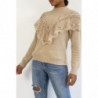 Pull  couleur taupe tout doux à col montant et volant brodé style rétro