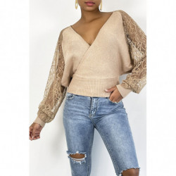 Pull cache coeur taupe avec manches en dentelle