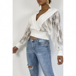 Pull cache coeur court blanc avec manches bouffante en dentelle