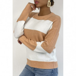 Pull tombant et duveteux rose et blanc avec col rond