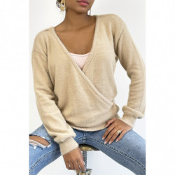 Pull cache coeur taupe duveteux et over size