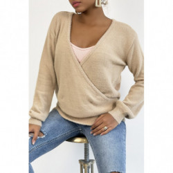 Pull cache coeur taupe duveteux et over size