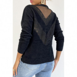 Pull duveteux noir avec motif en dentelle brodé dans le dos