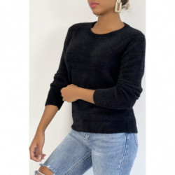 Pull duveteux noir avec motif en dentelle brodé dans le dos