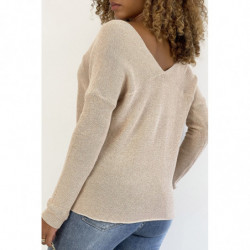 Pull col V rose brillant à détail ligne ajourée