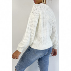 Pull blanc à col rond tout doux effet bouffant