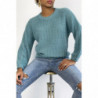 Pull bleu à col rond tout doux effet bouffant