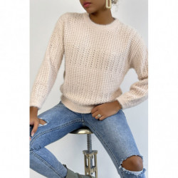 Pull rose à col rond tout doux effet bouffant