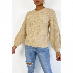 Pull beige à col rond tout doux effet bouffant