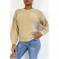 Pull beige à col rond tout doux effet bouffant