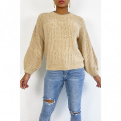 Pull beige à col rond tout doux effet bouffant