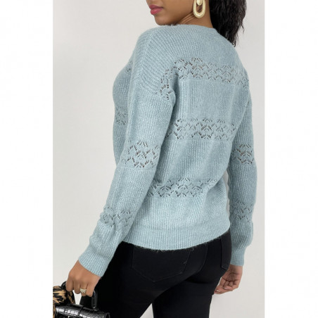 Pull ajouré bleu à col rond en maille douce et chaude