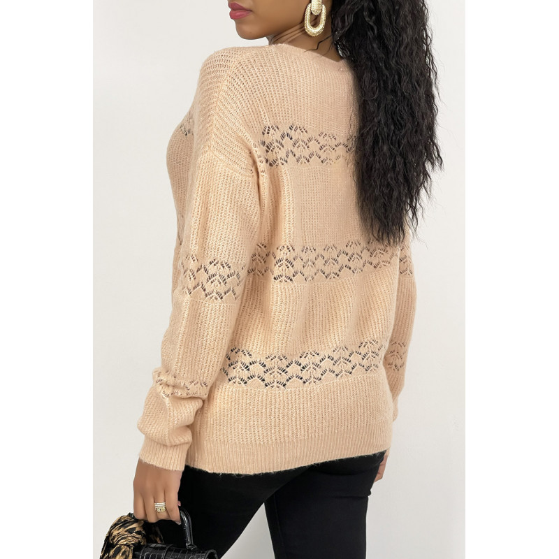 Pull ajouré rose à col rond en maille douce et chaude