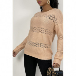 Pull ajouré rose à col rond en maille douce et chaude