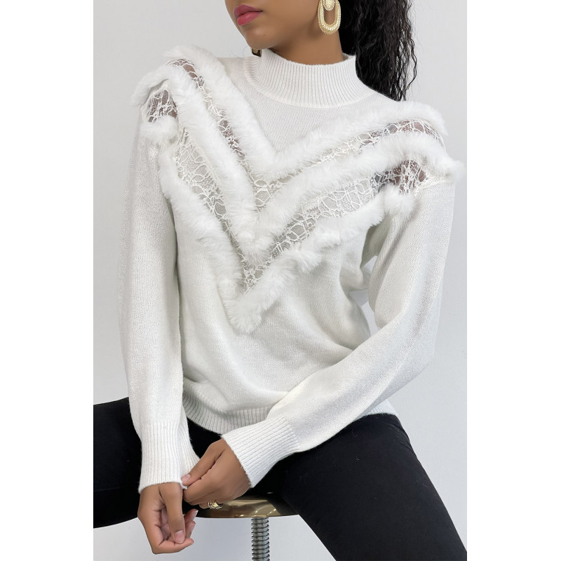 Pull blanc à motif V en dentelle et fausse fourrure