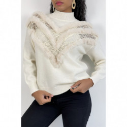 Pull écru à motif V en dentelle et fausse fourrure