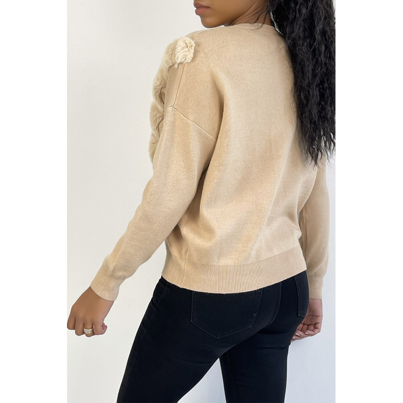 Pull beige à col rond et motif en fausse fourrure et strass