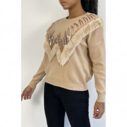 Pull beige à col rond et motif en fausse fourrure et strass