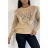 Pull beige à col rond et motif en fausse fourrure et strass