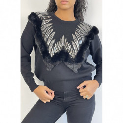 Pull noir à col rond et motif en fausse fourrure et strass