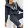 Pull noir à col rond et motif en fausse fourrure et strass