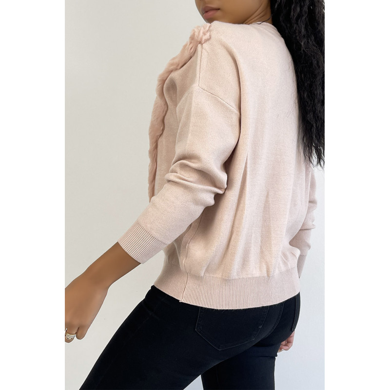 Pull rose à col rond et motif en fausse fourrure et strass