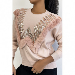 Pull rose à col rond et motif en fausse fourrure et strass