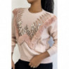 Pull rose à col rond et motif en fausse fourrure et strass