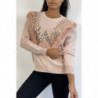 Pull rose à col rond et motif en fausse fourrure et strass