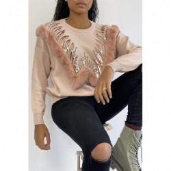 Pull rose à col rond et motif en fausse fourrure et strass