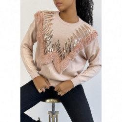 Pull rose à col rond et motif en fausse fourrure et strass