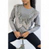 Pull gris à col rond et motif en fausse fourrure et strass