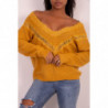 Pull col V en dentelle jaune moutarde à manches tombantes