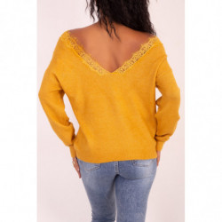 Pull col V en dentelle jaune moutarde à manches tombantes