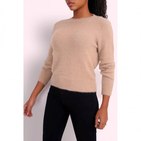 Pull beige très doux à dos nu brodé