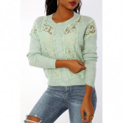 Pull vert à empiècement en dentelle et coupe basique