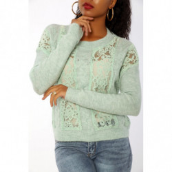 Pull vert à empiècement en dentelle et coupe basique