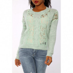 Pull vert à empiècement en dentelle et coupe basique