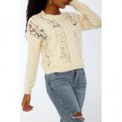 Pull beige à empiècement en dentelle et coupe basique